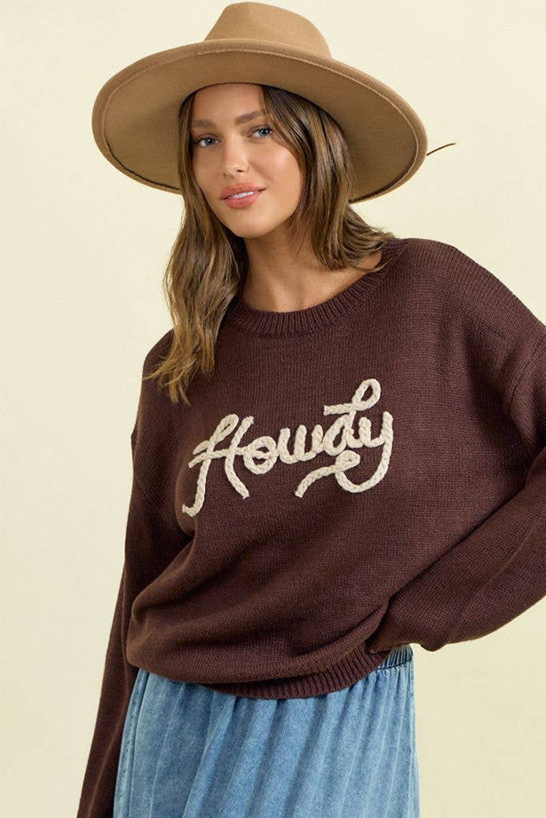"Howdy" Letter Embroidered Oversized Sweater Top