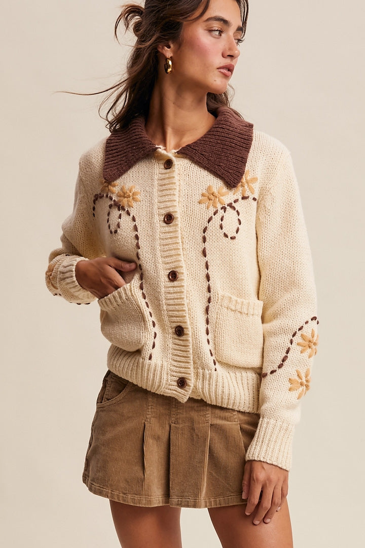 Floral Contrast Knit Cardigan