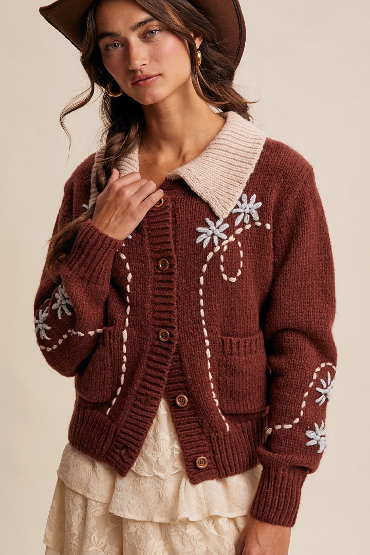 Floral Contrast Knit Cardigan