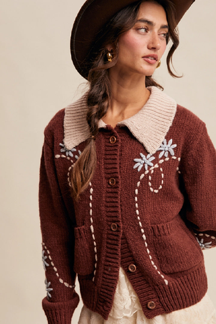 Floral Contrast Knit Cardigan