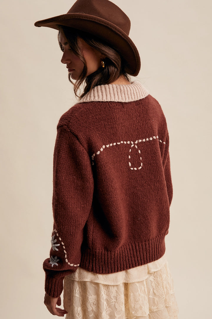 Floral Contrast Knit Cardigan