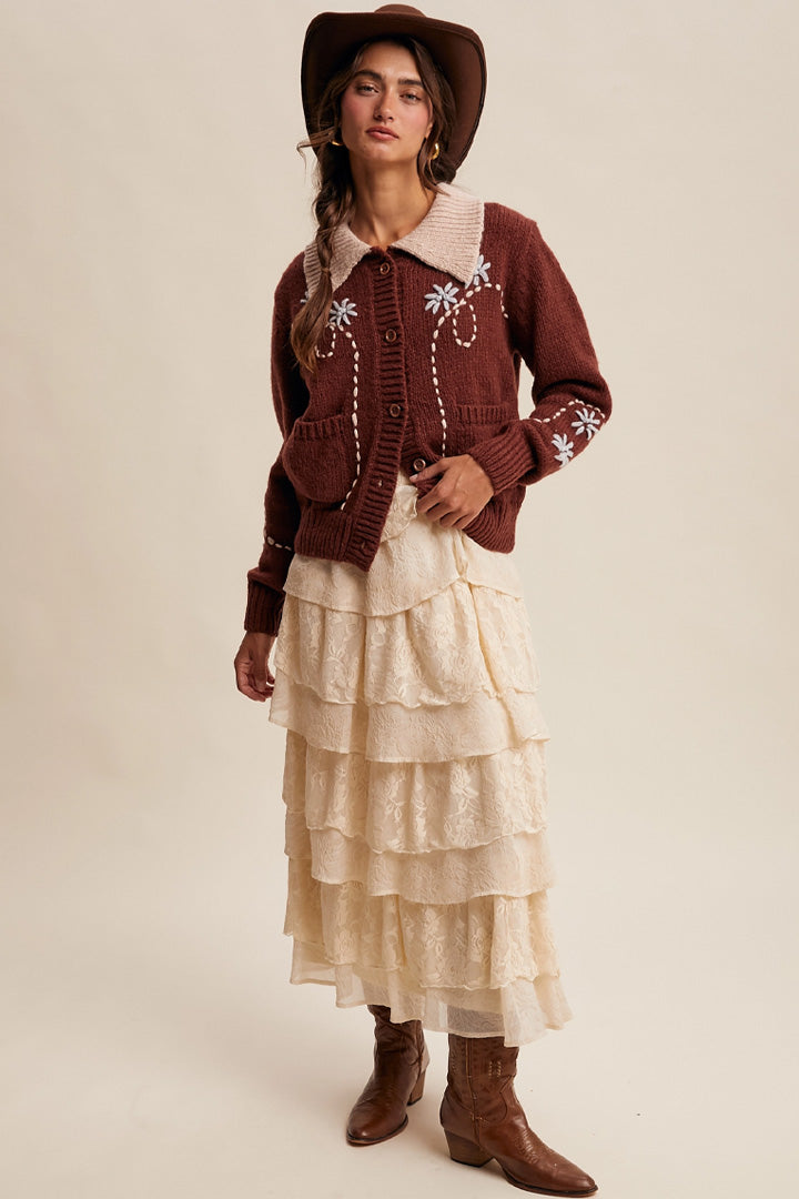 Floral Contrast Knit Cardigan