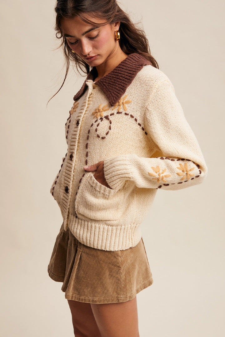 Floral Contrast Knit Cardigan